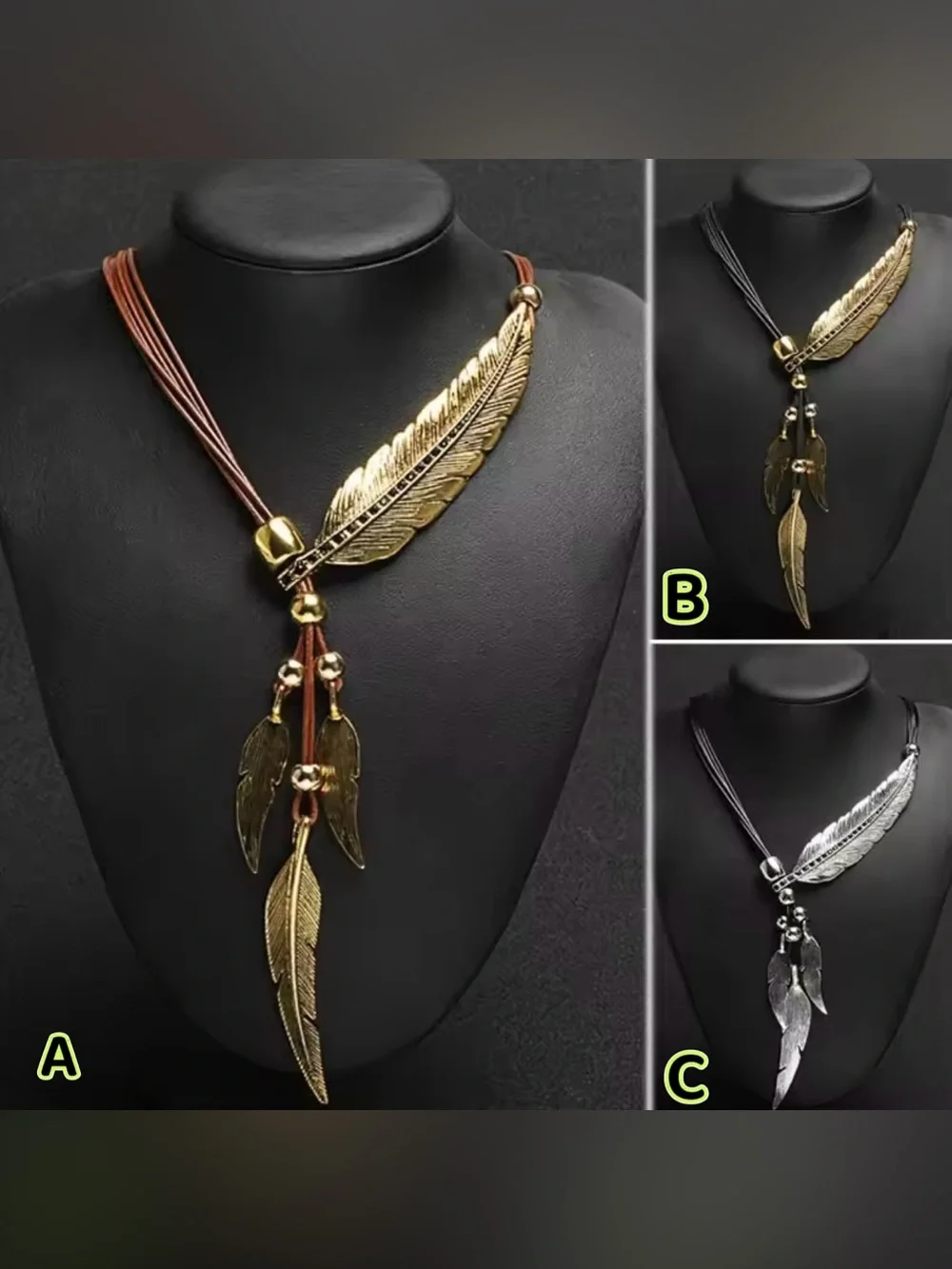 Boho Angel Feather Pendant Necklace silver / gold tone black / red leather cord
